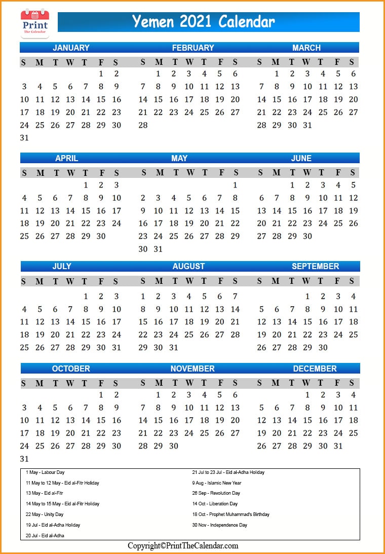 Yemen Calendar 2021